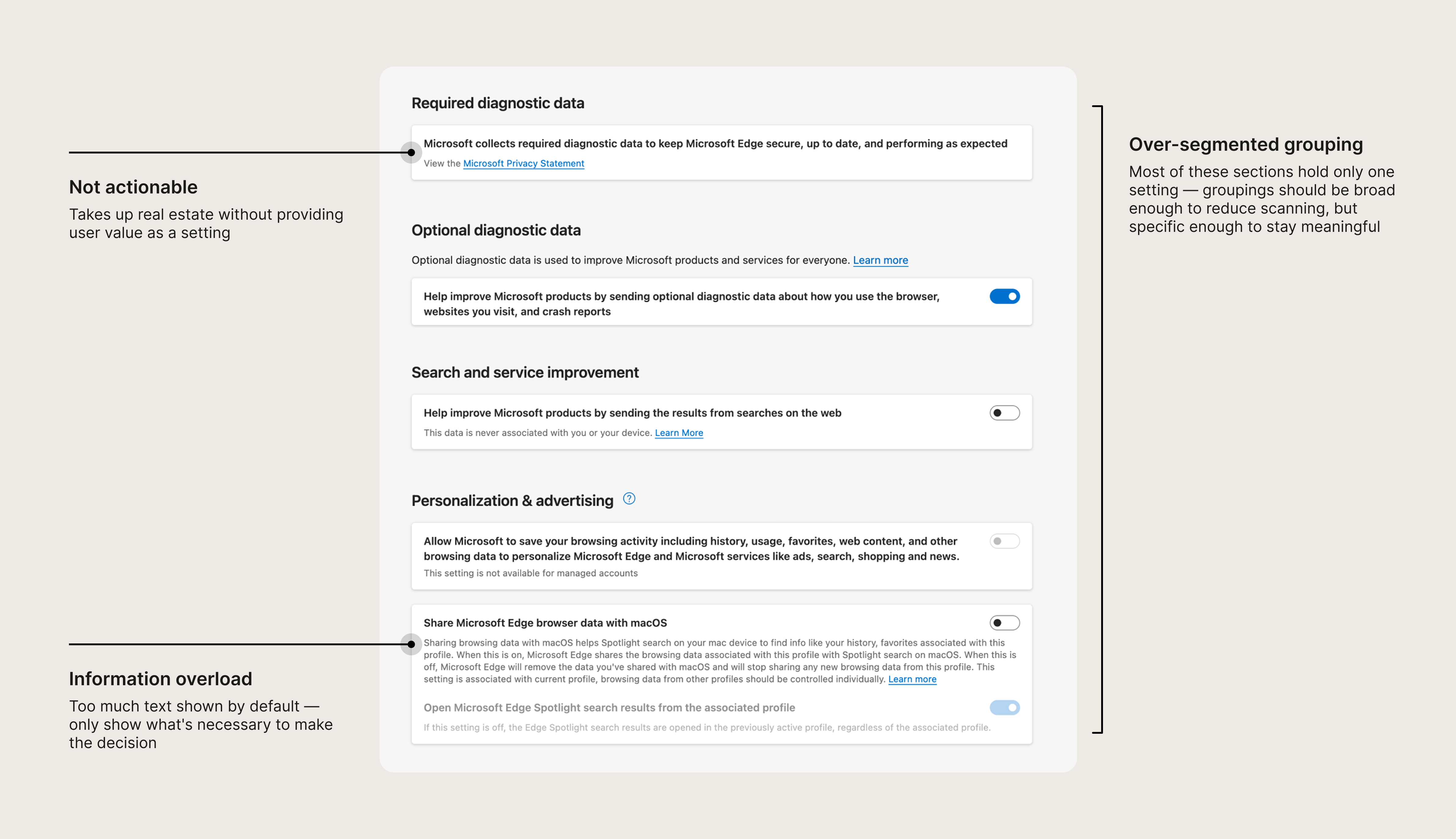 Annotated breakdown of the fragmented settings experience